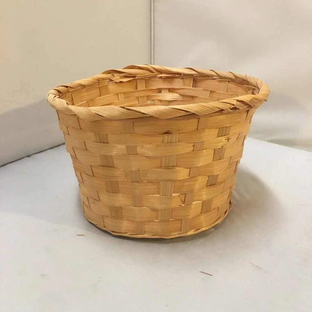 Woven Bamboo Basket Medium Natural Tan Round Decorative Storage Cottagecore